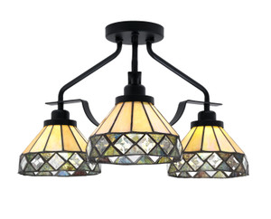 Odyssey 3 Light Semi Flush Mount In Matte Black Finish With 7" Diamond Peak Art Glass (2607-MB-9405)