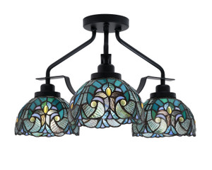 Odyssey 3 Light Semi Flush Mount In Matte Black Finish With 7" Turquoise Cypress Art Glass (2607-MB-9925)