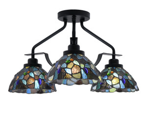 Odyssey 3 Light Semi Flush Mount In Matte Black Finish With 7" Blue Mosaic Art Glass (2607-MB-9955)