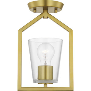 Vertex Collection One-Light Brushed Gold Clear Glass Contemporary Semi-Flush Mount (P350258-191) Vertex Collection One-Light Brushed Gold Clear Glass Contemporary Semi-Flush Mount (P350258-191)