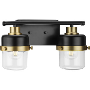 Beckner Collection Two-Light Matte Black Clear Glass Urban Industrial Bath Light with Vintage Brass Accents (P300423-31M)