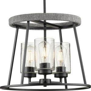 Laramie Collection Three-Light Matte Black Rustic Modern Clear Seeded Glass Chandelier (P400321-31M) Laramie Collection Three-Light Matte Black Rustic Modern Clear Seeded Glass Chandelier (P400321-31M)