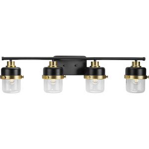 Beckner Collection Four-Light Matte Black Clear Glass Urban Industrial Bath Light with Vintage Brass Accents (P300425-31M)