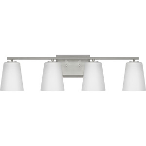 Vertex Collection Four-Light Brushed Nickel Etched White Glass Contemporary Bath Light (P300464-009) Vertex Collection Four-Light Brushed Nickel Etched White Glass Contemporary Bath Light (P300464-009)