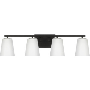 Vertex Collection Four-Light Matte Black Etched White Glass Contemporary Bath Light (P300464-31M)