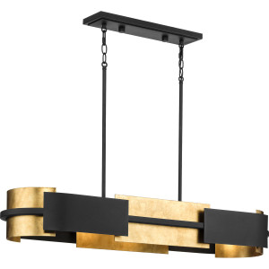 Lowery Collection Four-Light Textured Black Industrial Luxe Linear Chandelier with Distressed Gold Leaf Accent (P400352-031) Lowery Collection Four-Light Textured Black Industrial Luxe Linear Chandelier with Distressed Gold Leaf Accent (P400352-031)