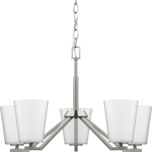 Vertex Collection Five-Light Brushed Nickel Etched White Contemporary Chandelier (P400343-009) Vertex Collection Five-Light Brushed Nickel Etched White Contemporary Chandelier (P400343-009)