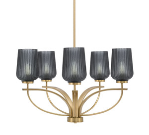 Cavella 5 Light, Uplight Chandelier With Hang Straight Swivel In New Age Brass Finish With 5" Smoke Textured Glass (3905-NAB-4252)