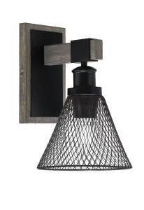 Tacoma 1 Light Wall Sconce W/Matte Black & Painted Distressed Wood-Look Metal Finish With 7" Matte Black Cone Mesh Metal Shade (1841-MBDW-805-MB)