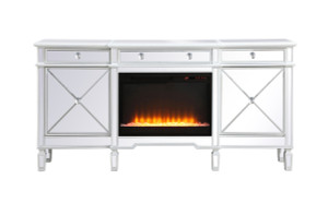 Contempo 72 In. Mirrored Credenza With Crystal Fireplace In Antique White (MF61072AW-F2)