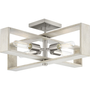Boundary Collection 24 in. Four-Light Brushed Nickel Grey Washed Oak Modern Flush Mount Light (P350269-009)