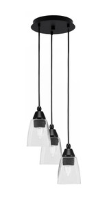 Array 3 Light Cord Hung Cluster Pendalier, Matte Black Finish, 4.5" Square Clear Bubble Glass (1816-MB-461)