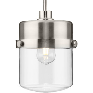 Beckner Collection One-Light Brushed Nickel Clear Glass Urban Industrial Pendant Light (P500471-009)