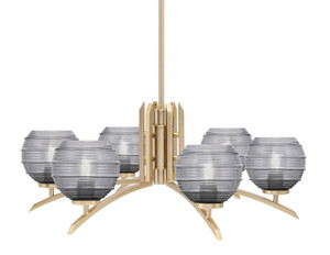 Kurve 6 Light Chandelier, New Age Brass Finish, 6" Smoke Ribbed Glass (3706-NAB-5112)
