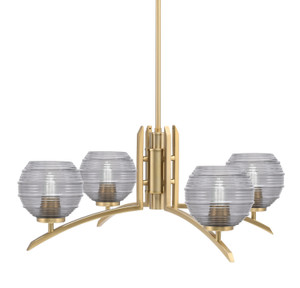 Kurve 4 Light Chandelier, New Age Brass Finish, 6" Smoke Ribbed Glass  (3704-NAB-5112)
