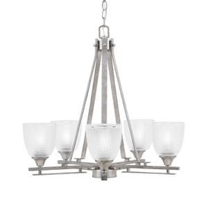 Uptowne 5 Light, Uplight, Chandelier, Aged Silver Finish, 5" Clear Ribbed Glass (325-AS-500)