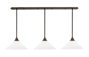 3 Light Stem Hung Linear Pendalier, Bronze Finish, 16" White Muslin Glass (48-BRZ-318) 3 Light Stem Hung Linear Pendalier, Bronze Finish, 16" White Muslin Glass (48-BRZ-318)