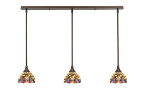 3 Light Stem Hung Linear Pendalier, Bronze Finish, 7" Lynx Art Glass (36-BRZ-9445)