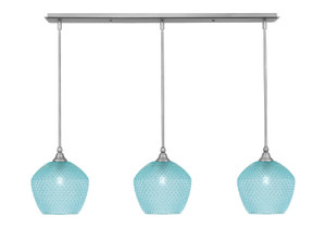 3 Light Stem Hung Linear Pendalier, Brushed Nickel Finish, 9" Turquoise Textured Glass (36-BN-4925)