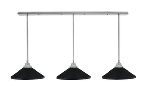 3 Light Stem Hung Linear Pendalier, Brushed Nickel Finish, 14" Matte Black Cone Metal Shades (48-BN-424-MB)