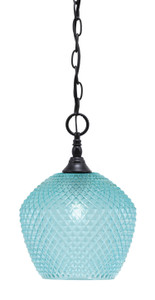 Chain Hung Mini Pendant, Matte Black Finish, 9" Turquoise Textured Glass (11-MB-4925)