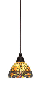 Cord Mini Pendant, Dark Granite Finish, 7" Amber Dragonfly Art Glass (22-DG-9465)