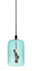 Stem Pendant, 3 Light Cluster, Matte Black Finish, 12" Turquoise Textured Glass (14-MB-4215)