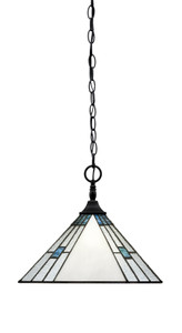 Chain Hung Pendant, Matte Black Finish, 14" Square Sky Ice Art Glass (12-MB-953)