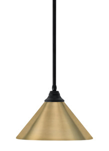 Stem Hung Pendant, Matte Black Finish, 14" New Age Brass Cone Metal Shade  (26-MB-420-NAB)