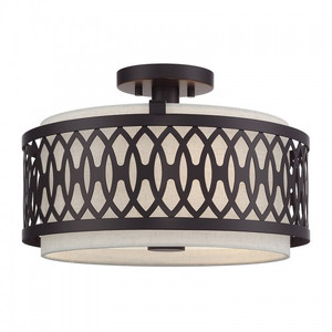 Vistaview 3 Light English Bronze Large Semi-Flush with Hand Crafted Oatmeal Color Fabric Hardback Shade (53432-92)