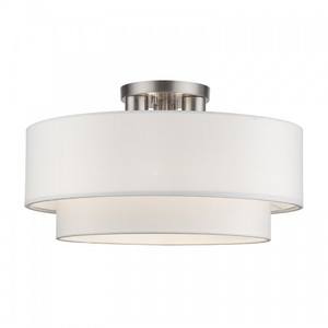 Manorwood 3 Light Brushed Nickel Large Semi-Flush with Hand Crafted Off-White Color Fabric Hardback Shades (50306-91)
