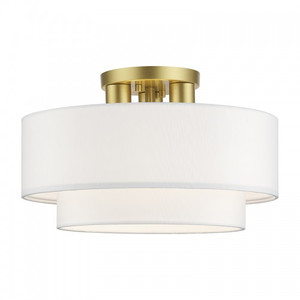 Manorwood 3 Light Soft Gold Large Semi-Flush with Hand Crafted Off-White Color Fabric Hardback Shades (50305-33)