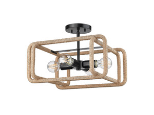 Camden 4 Light Semi-Flush in Matte Black with Natural Raphia Rope Shade (6085-SF BLK-NR)