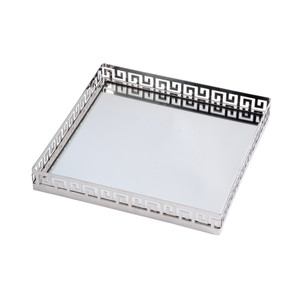Cleo 14 in W Square Metal and Mirrored Glass Serving Tray, Silver (5798016)