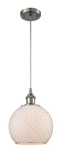 Farmhouse Chicken Wire - 1 Light - 8 inch - Brushed Satin Nickel - Cord hung - Mini Pendant (516-1P-SN-G121-8CSN-LED)