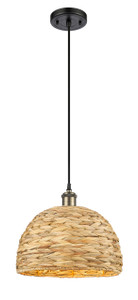 Woven Rattan - 1 Light - 12 inch - Black Antique Brass - Mini Pendant (516-1P-BAB-RBD-12-NAT)