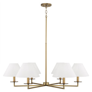 Gilda 39.75"W x 19.75"H 6-Lt Chandelier Aged Brass White Fabric Stay-Straight Shades and Interchangeable Clear or Tortoise Shell Bobeches (452261AD)