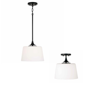Presley 11.75"W x 11.25"H 1-Light Dual Mount Pendant or Semi-Flush in Matte Black with Soft White Glass (248911MB)