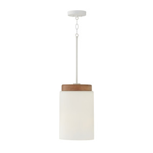 Liam 9.25"W x 14.75"H 1-Light Cylindrical Pendant in White with Mango Wood and Soft White Glass (350911LT)