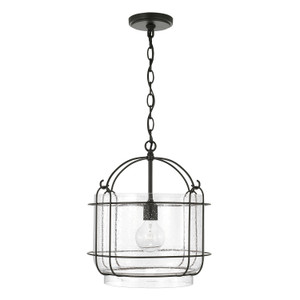 Harmon 14" W x 15" H 1-Light Pendant in Matte Black with Clear Seeded Glass and Outer Cage   (342912MB)