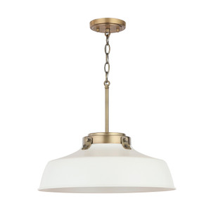 Oakwood 18" W x 7" H 1-Light Industrial Metal Shade Pendant - Matte White and Aged Brass with White Interior  (9D330A)