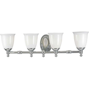 Victorian Collection Four-Light Polished Chrome White Opal Glass Farmhouse Bath Vanity Light (P3041-15) Victorian Collection Four-Light Polished Chrome White Opal Glass Farmhouse Bath Vanity Light (P3041-15)