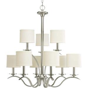 Inspire Collection Nine-Light Brushed Nickel Off-White Linen Shade Traditional Chandelier Light (P4638-09) Inspire Collection Nine-Light Brushed Nickel Off-White Linen Shade Traditional Chandelier Light (P4638-09)