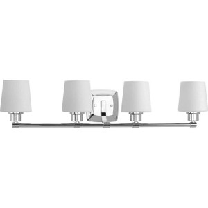 Glance Collection Four-Light Polished Chrome Etched White Linen Glass Farmhouse Bath Vanity Light (P300019-015) Glance Collection Four-Light Polished Chrome Etched White Linen Glass Farmhouse Bath Vanity Light (P300019-015)