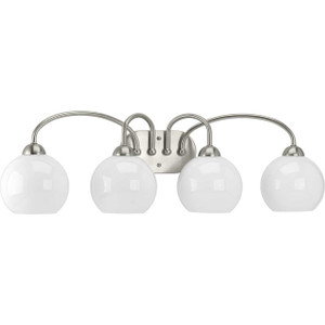 Carisa Collection Four-Light Brushed Nickel Opal Glass Mid-Century Modern Bath Vanity Light (P300087-009) Carisa Collection Four-Light Brushed Nickel Opal Glass Mid-Century Modern Bath Vanity Light (P300087-009)