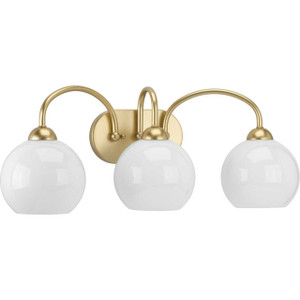 Carisa Collection Three-Light Vintage Gold Opal Glass Mid-Century Modern Bath Vanity Light (P300086-078) Carisa Collection Three-Light Vintage Gold Opal Glass Mid-Century Modern Bath Vanity Light (P300086-078)