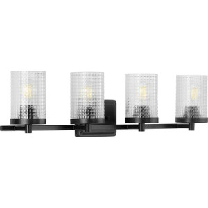 Fawcett Collection Four-Light Matte Black Clear Patterned Glass Transitional Bath Vanity Light (P300271-031) Fawcett Collection Four-Light Matte Black Clear Patterned Glass Transitional Bath Vanity Light (P300271-031)