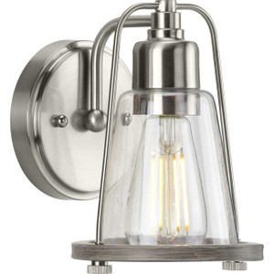 Conway Collection One-Light Brushed Nickel and Clear Seeded Farmhouse Style Bath Vanity Wall Light (P300295-009)