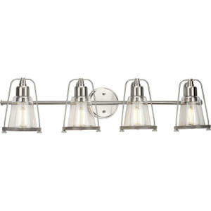 Conway Collection Four-Light Brushed Nickel and Clear Seeded Farmhouse Style Bath Vanity Wall Light (P300298-009) Conway Collection Four-Light Brushed Nickel and Clear Seeded Farmhouse Style Bath Vanity Wall Light (P300298-009)