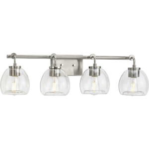 Caisson Collection Four-Light Brushed Nickel Clear Glass Urban Industrial Bath Vanity Light (P300348-009)
